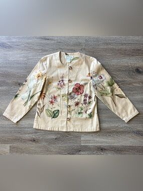 ORVIS VTG Cream Floral Botanical Button Jacket 100% COTTON S